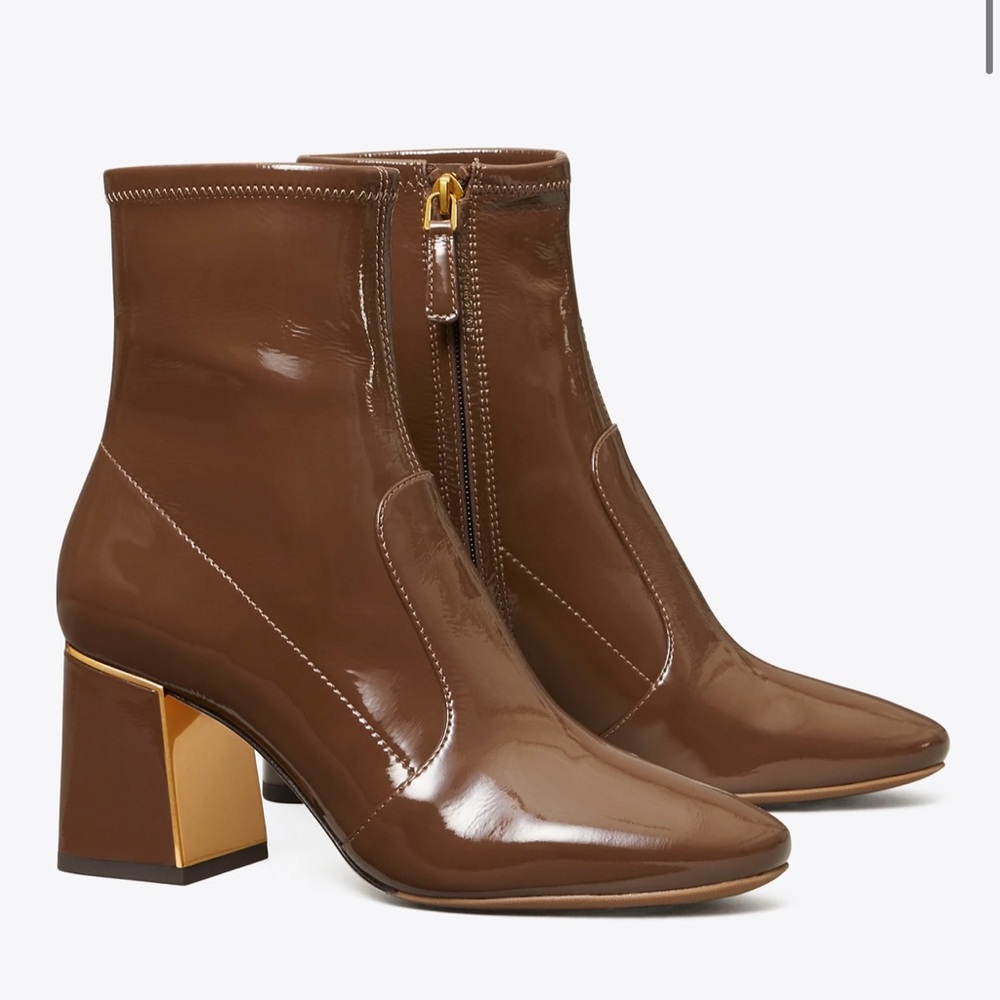 GIGI (Tory Burch) Patent Chocolate Leather Heeled Boots with gold details